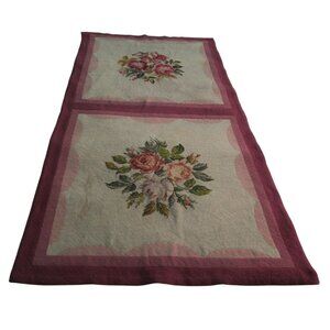 Vintage Floral Needlepoint Runner Rug Hand Crafted Pink Mauve GUC